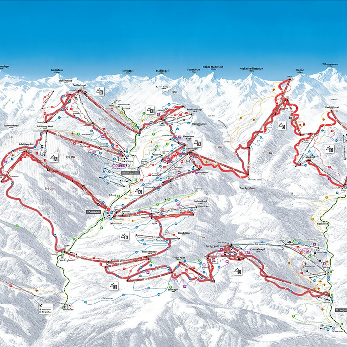 Skikarte zeigt Verbindung zwischen den vielen Skipisten